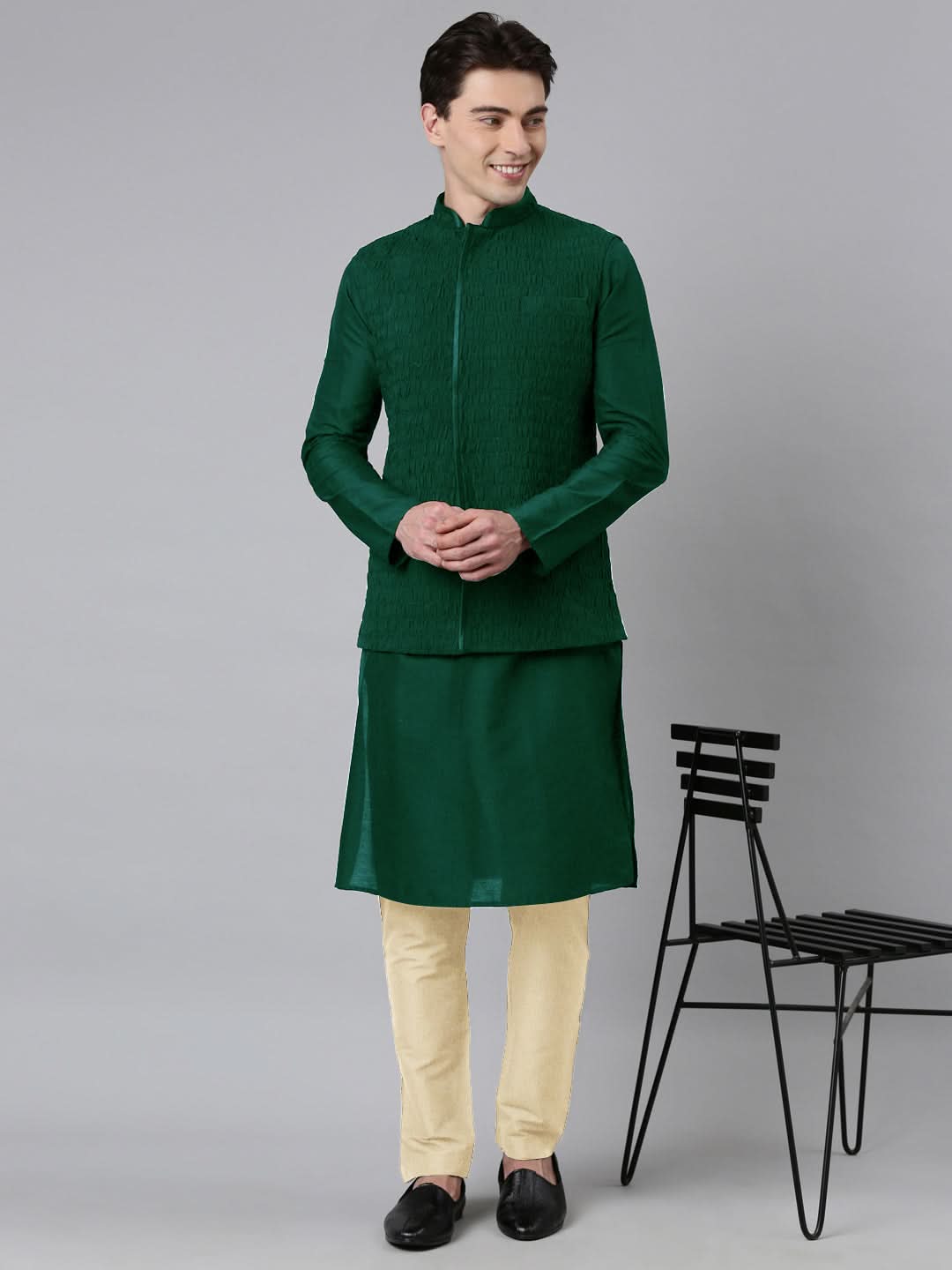 Green Ruching Jacket Kurta Set