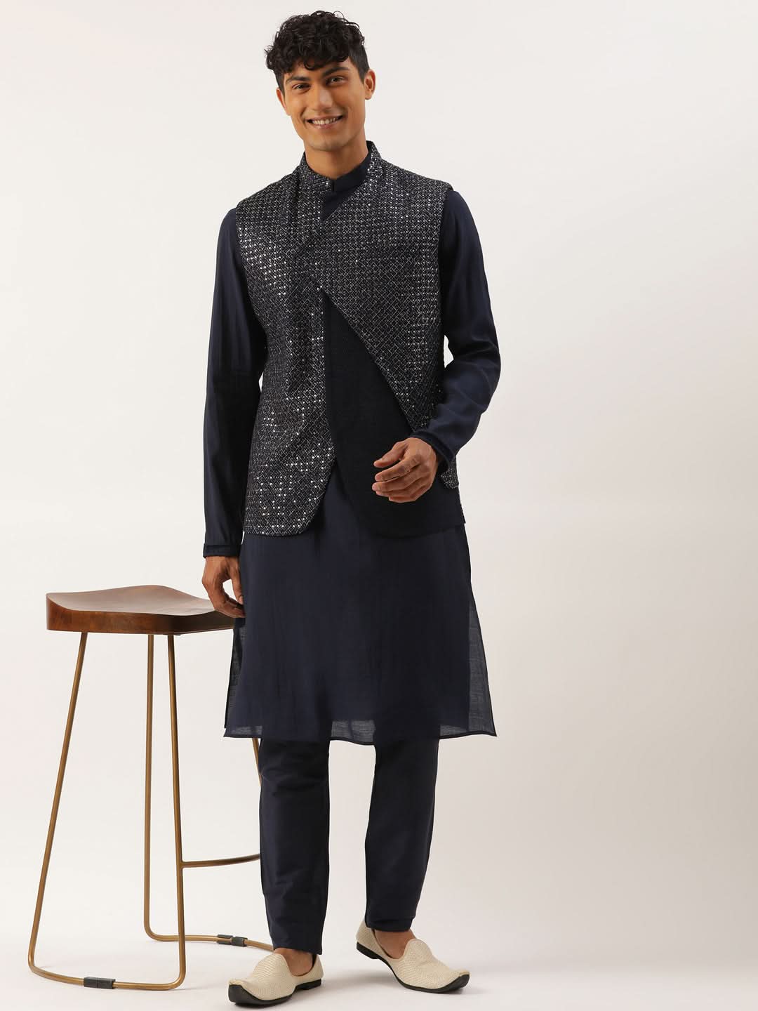 Navy Embroidered Jacket Kurta Set