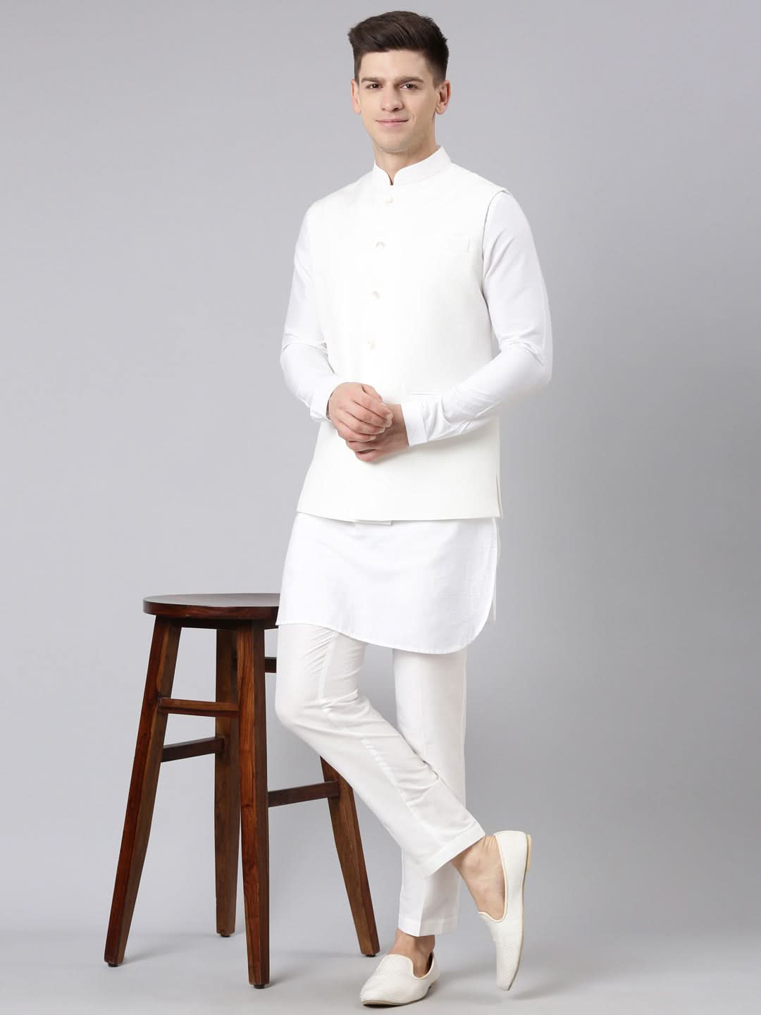 Off White jacket with Short Kurta Set