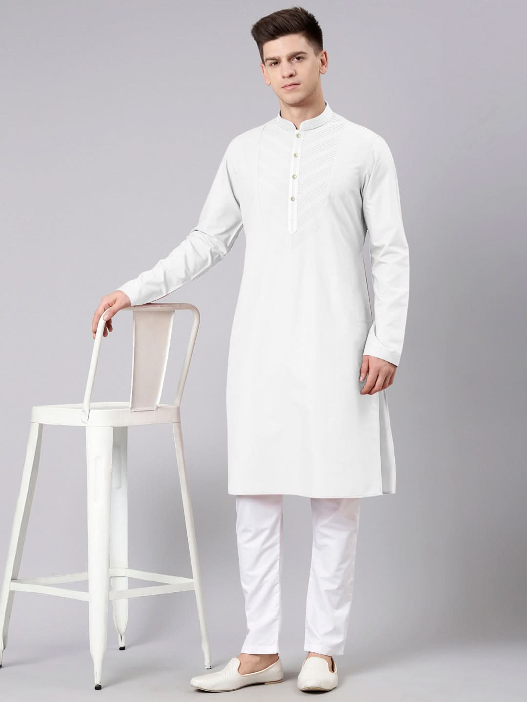 White Pleated Cotton Kurta Set