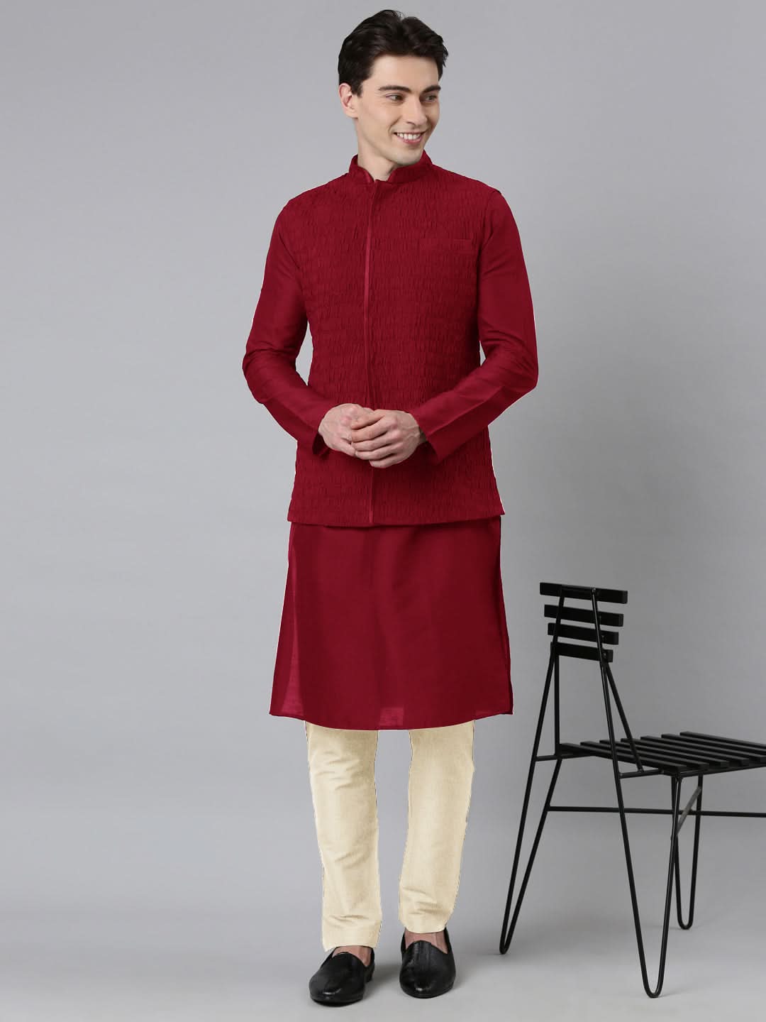 Maroon Ruching Jacket Kurta Set