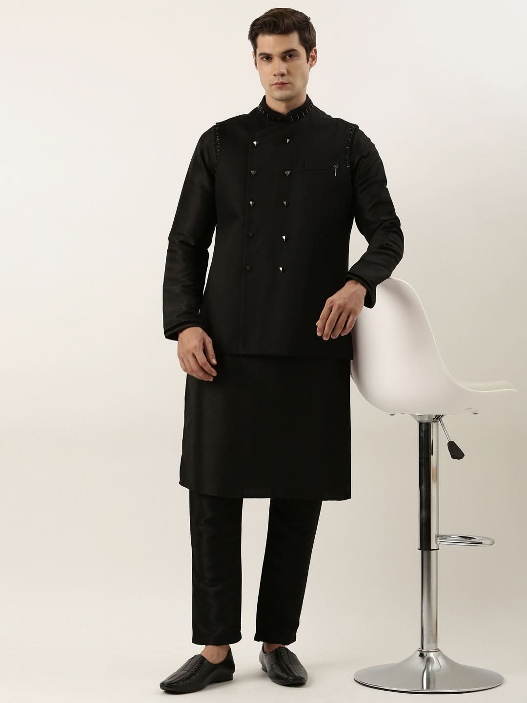Black Embroidered Jacket Kurta Set
