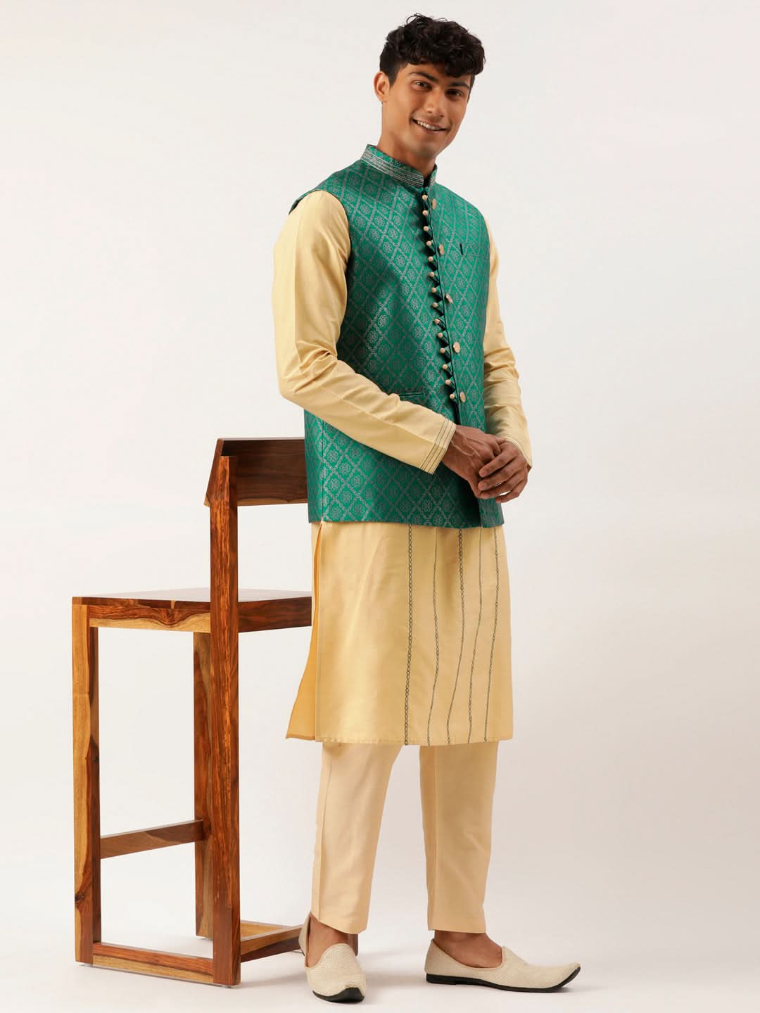 Sea Green With Golden Floral Jaal Jacket With Kurta Set
