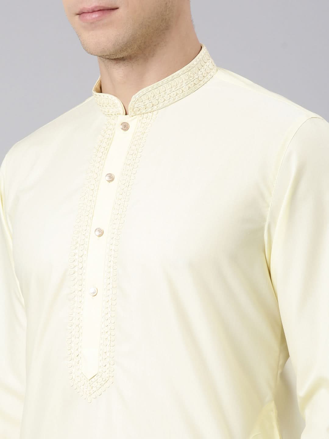 Lemon Cotton Dori Embroidery Kurta Set
