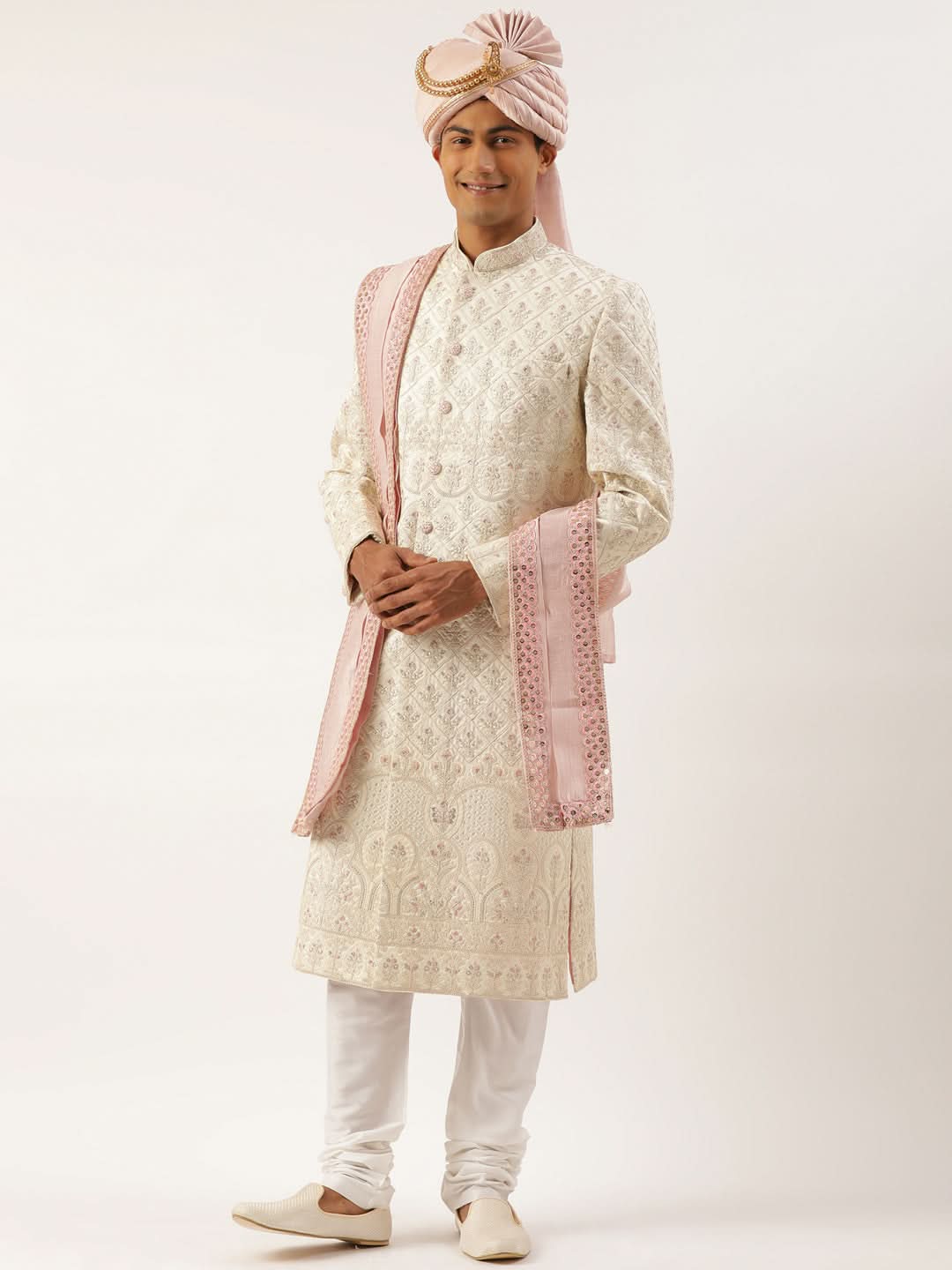 Cream Embroidered Sherwani