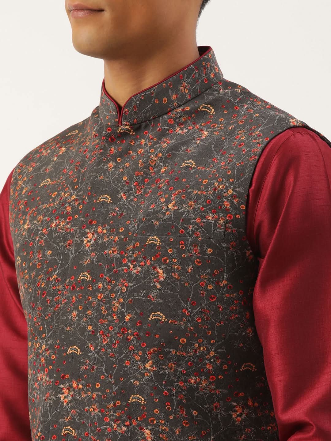Charcoal Grey Printed Jacket With Maroon Kurta Set