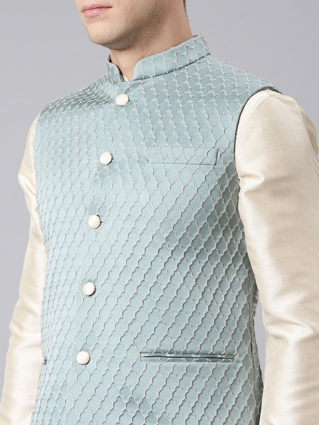 Teal Blue Jacket With Cream Kurta Set