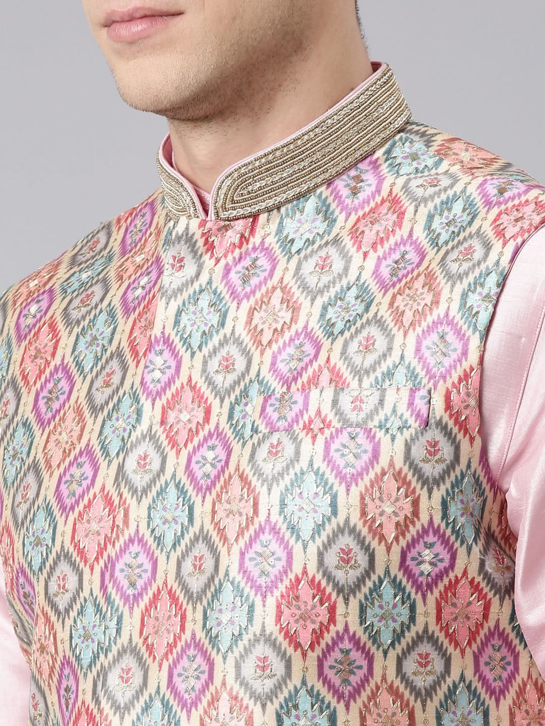Beige Ikat Print Jacket With Pink Kurta