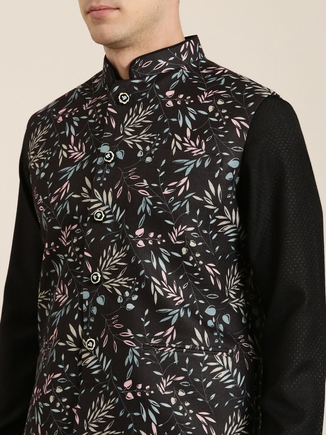 Black Printed Jacket Kurta Set