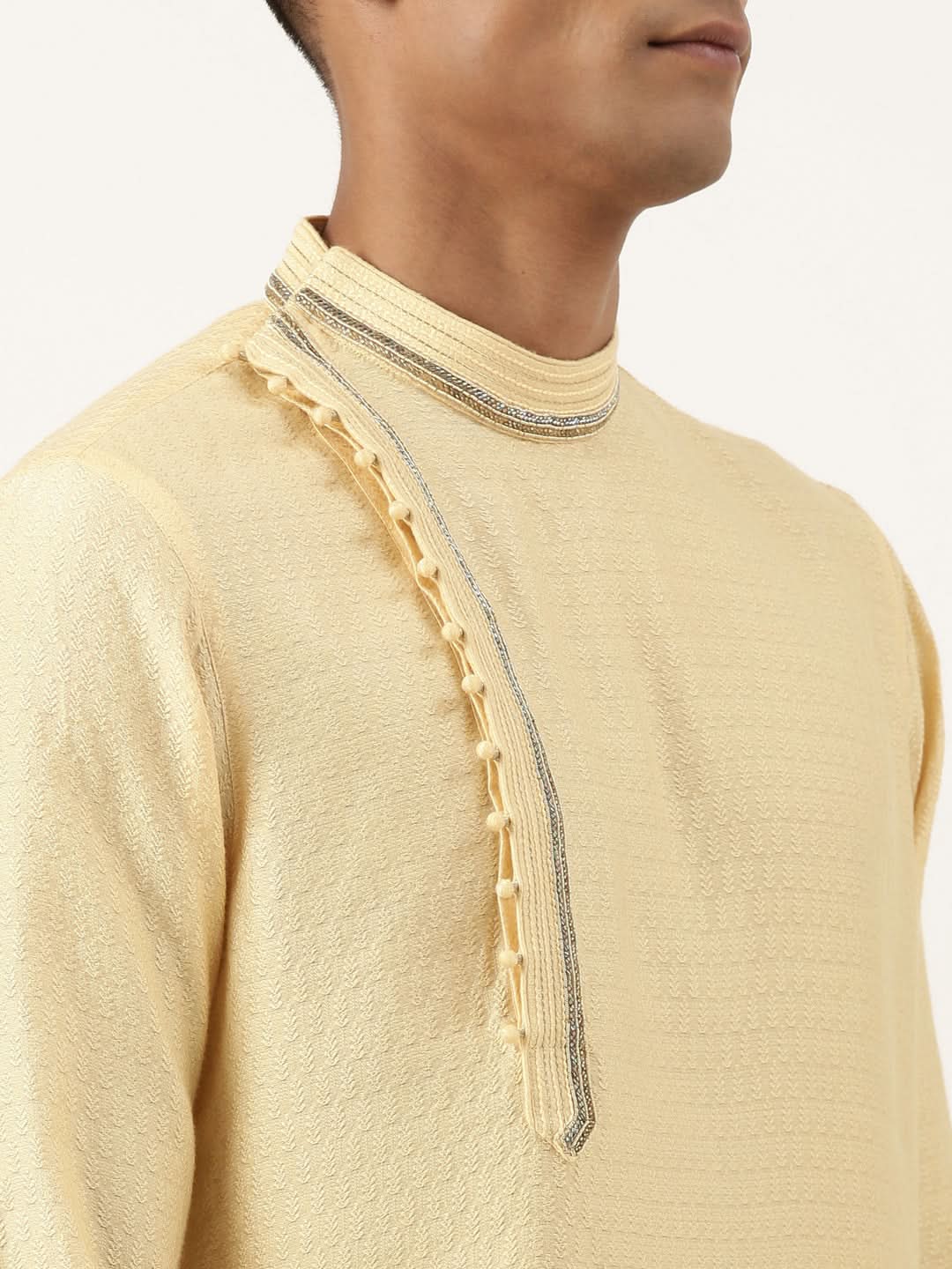 JACQUARD ANGRAKHA STYLE YELLOW KURTA WITH SIDE PLACKET