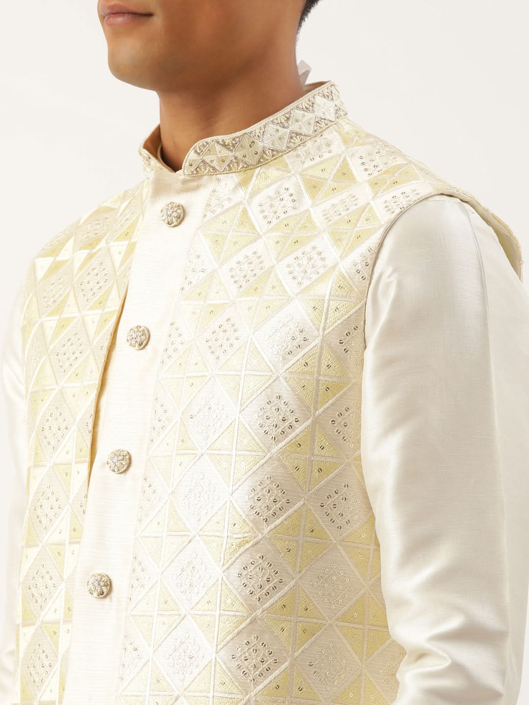 Cream Embroiderd Layered Long Jacket Kurta Set