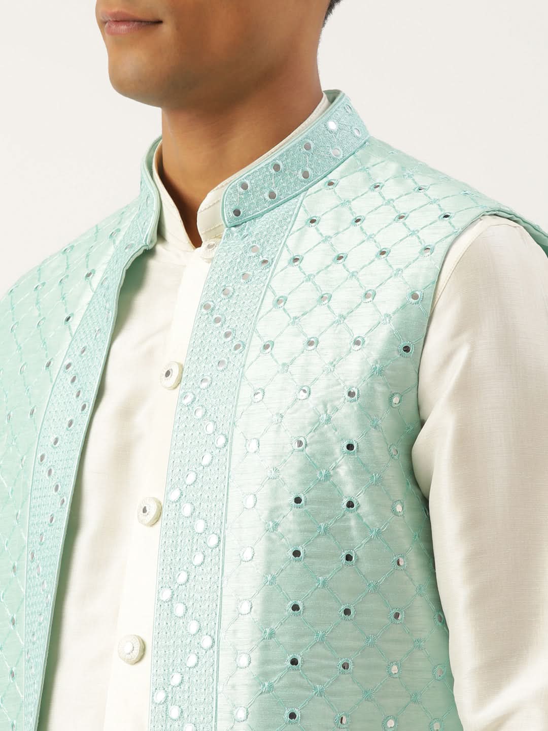 Turquise Mirror Embroidery open Jacket Kurta Set