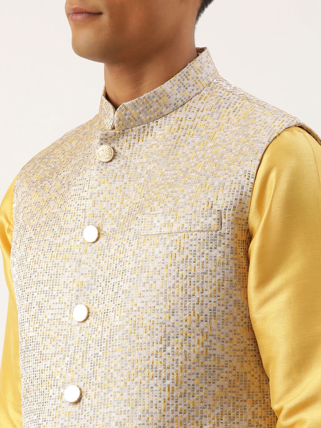 Grey Geometric Premium Textured Jacket With Mustard Kurta