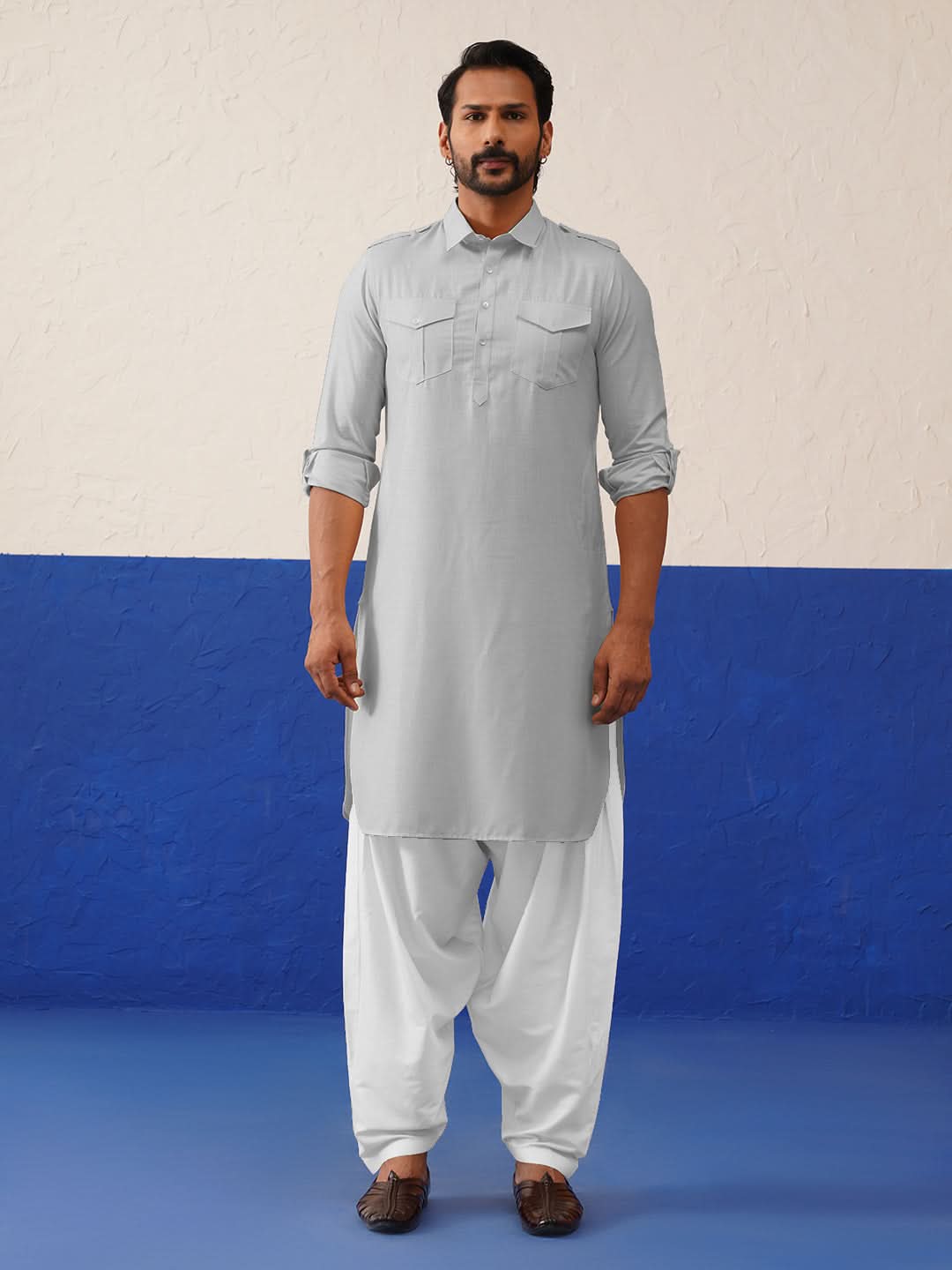 Grey Pure cotton Pathani with Salwar