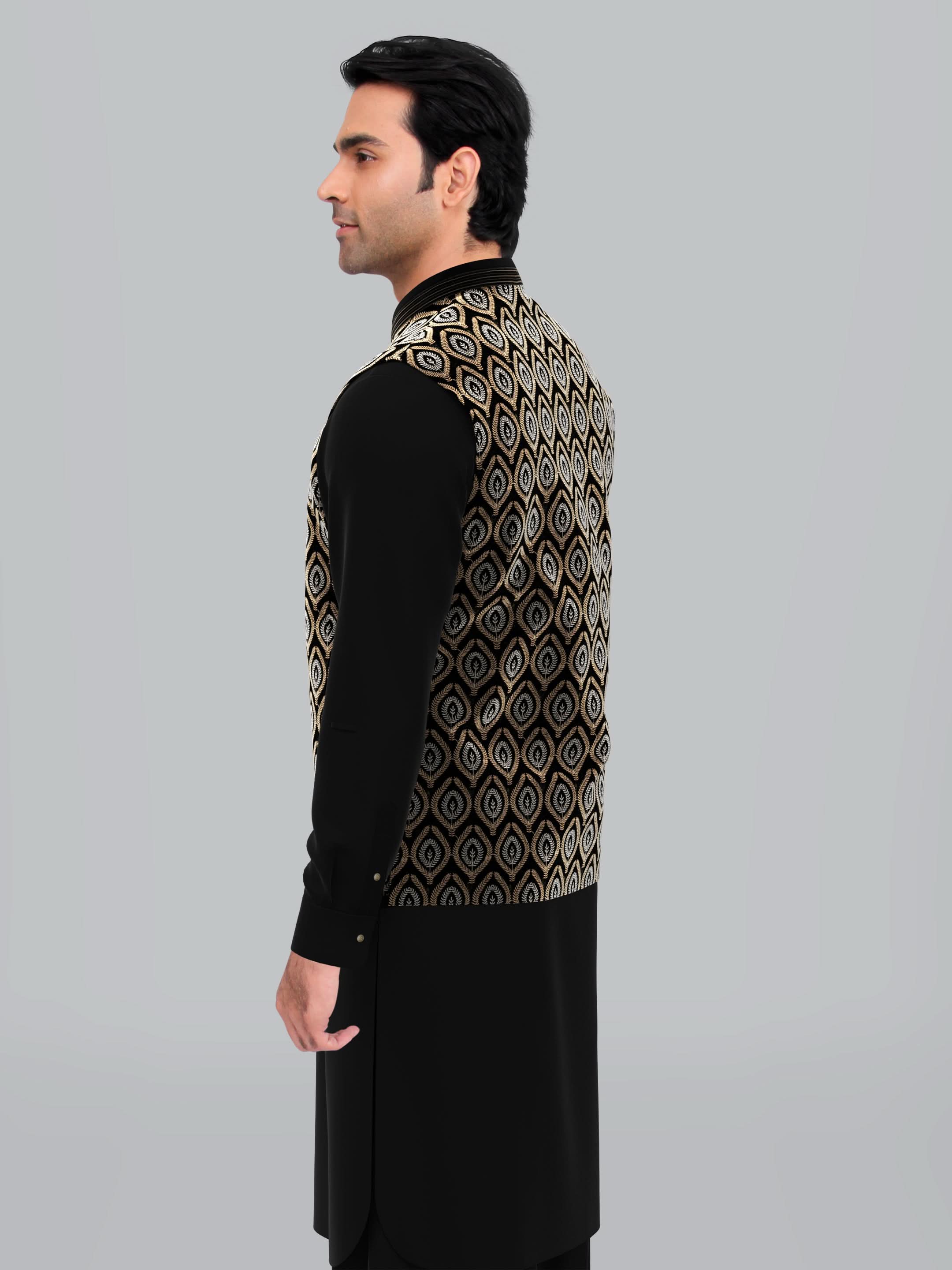 Black Velvet Embroidered Jacket Pathani