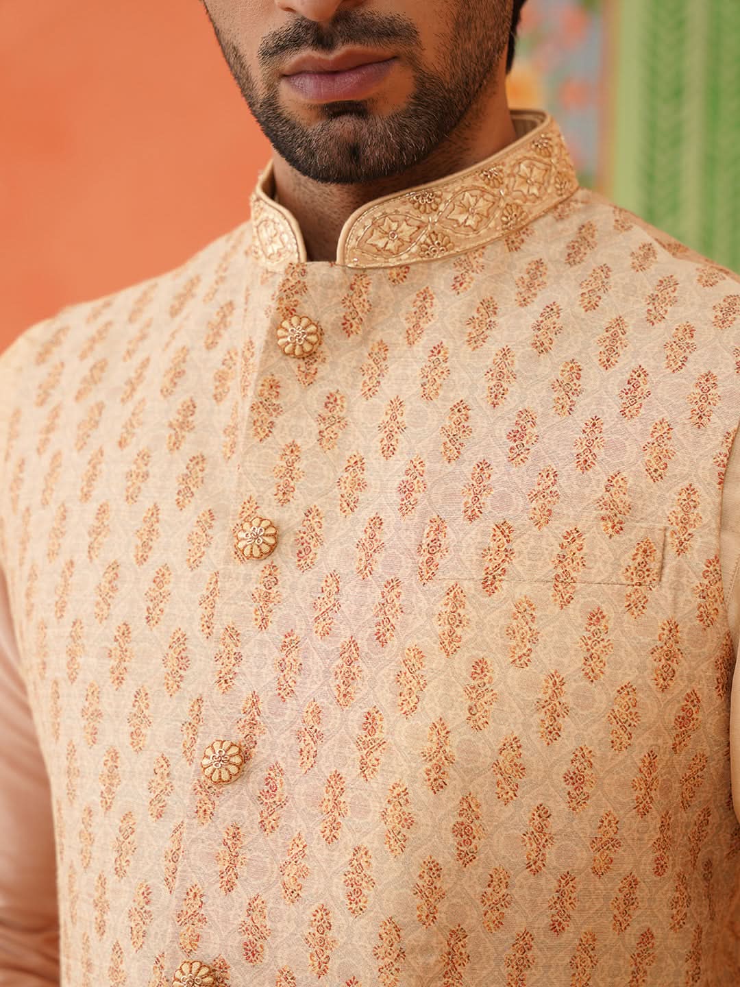 Peach Jacquard printed Jacket kurta Set