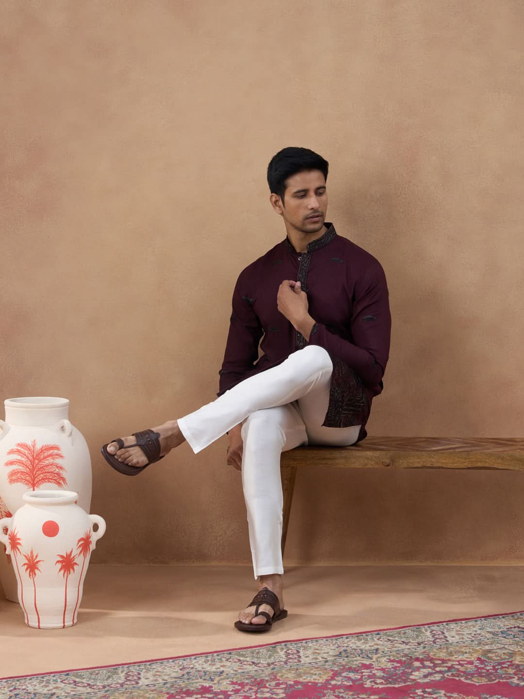Maroon Black Motif Embroidered Kurta Set