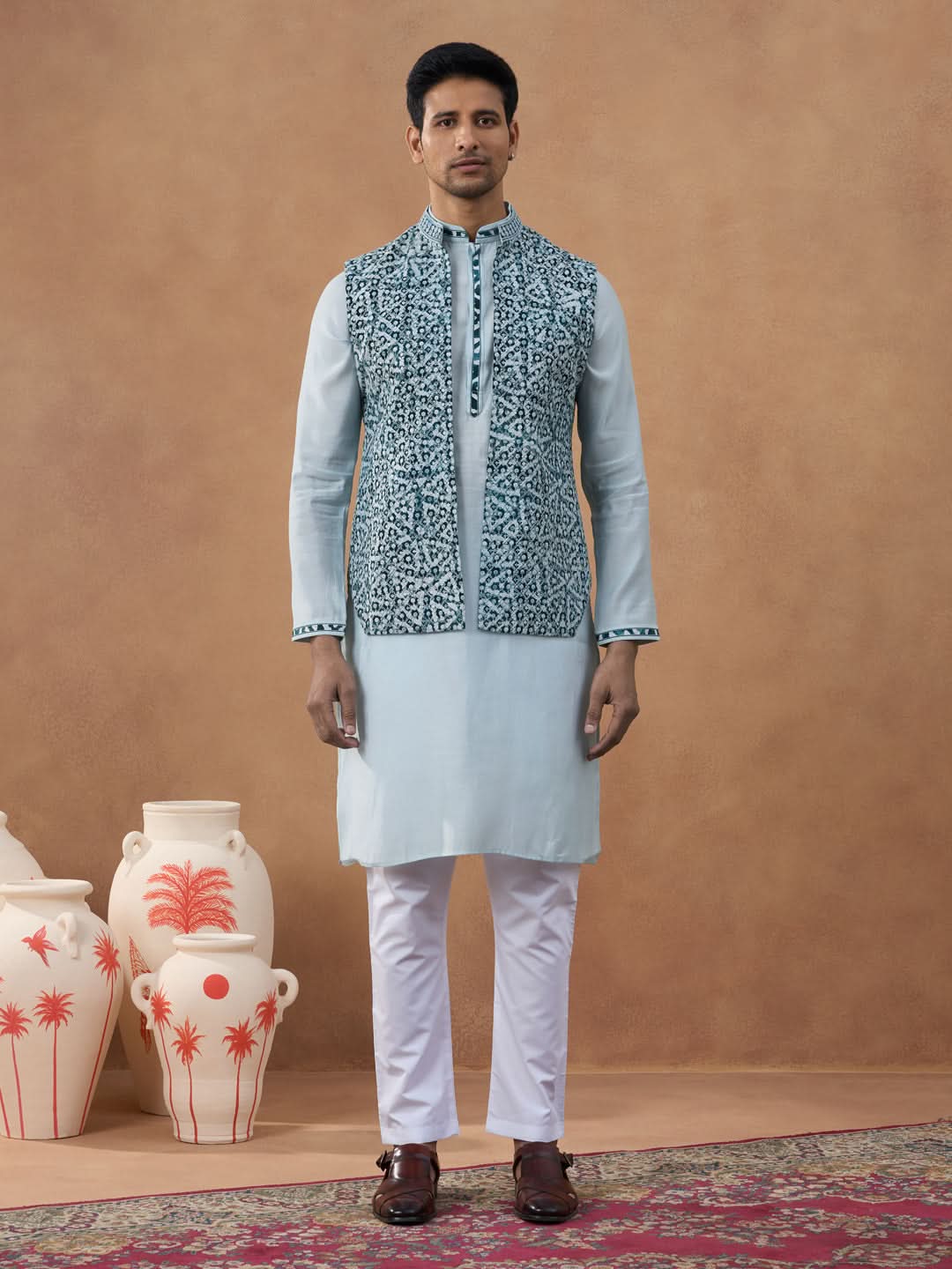 Light Blue Ikat Print Bundi With Kurta Set