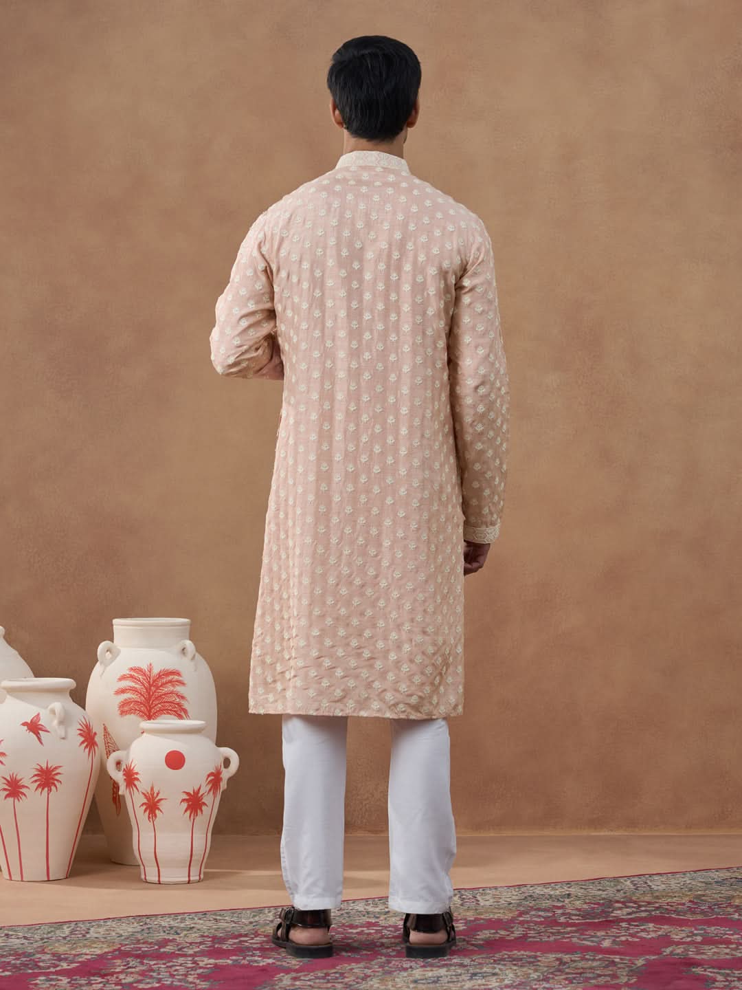 Peach Self Embroidered Kurta Set