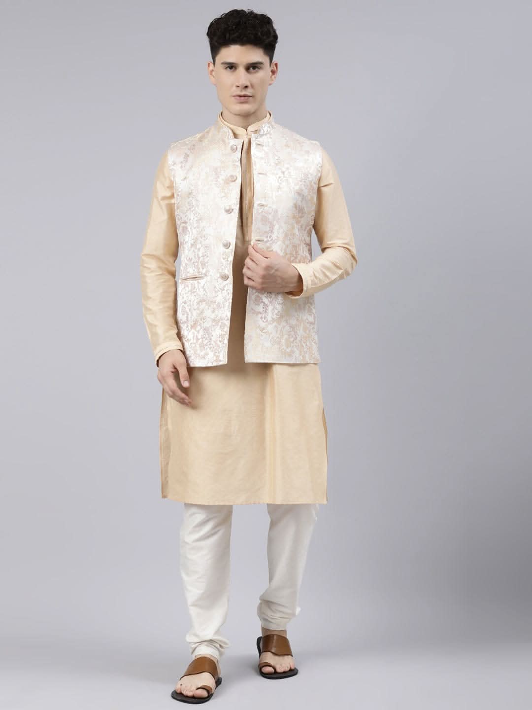 Cream Gold Jacket With Gold Kurta Set