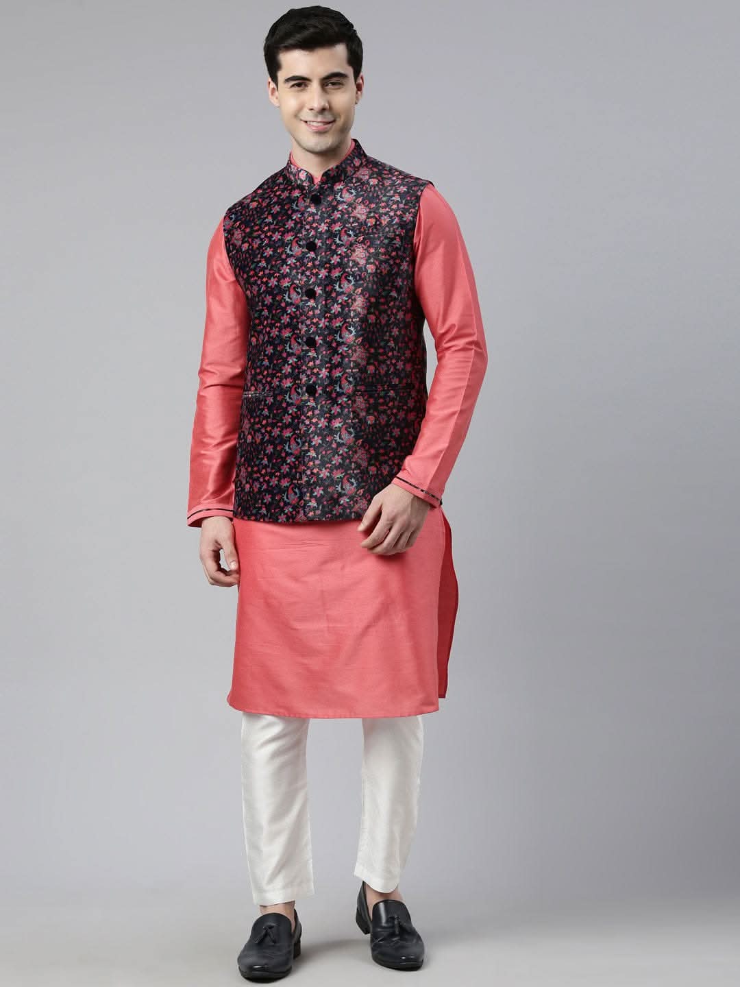 Midnight Blue Velvet Pashmina Printed Jacket With Pink Kurta