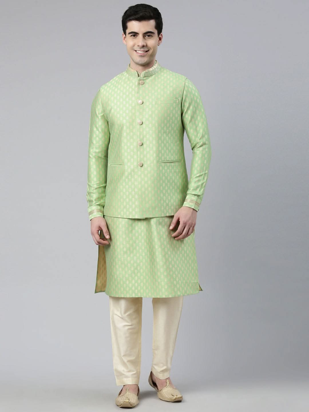 Mint Green Banarasi Jacquard Jacket And Kurta Set