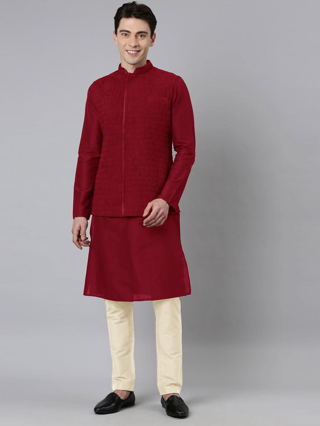 Maroon Ruching Jacket Kurta Set