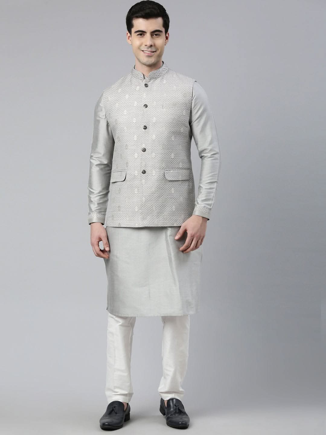 Grey Chanderi Booti Jacket with Kurta Set