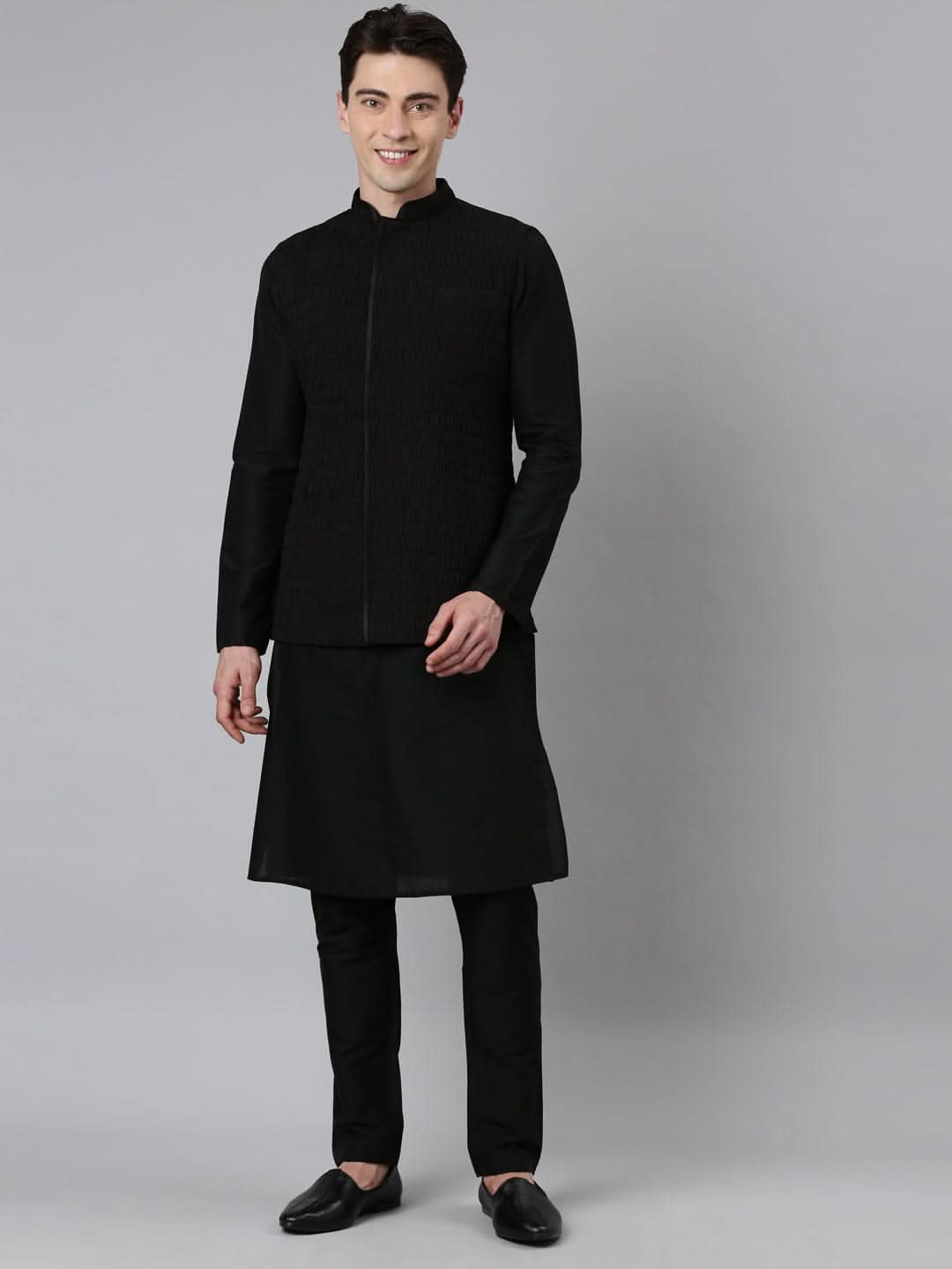 Black Ruching Jacket Kurta Set