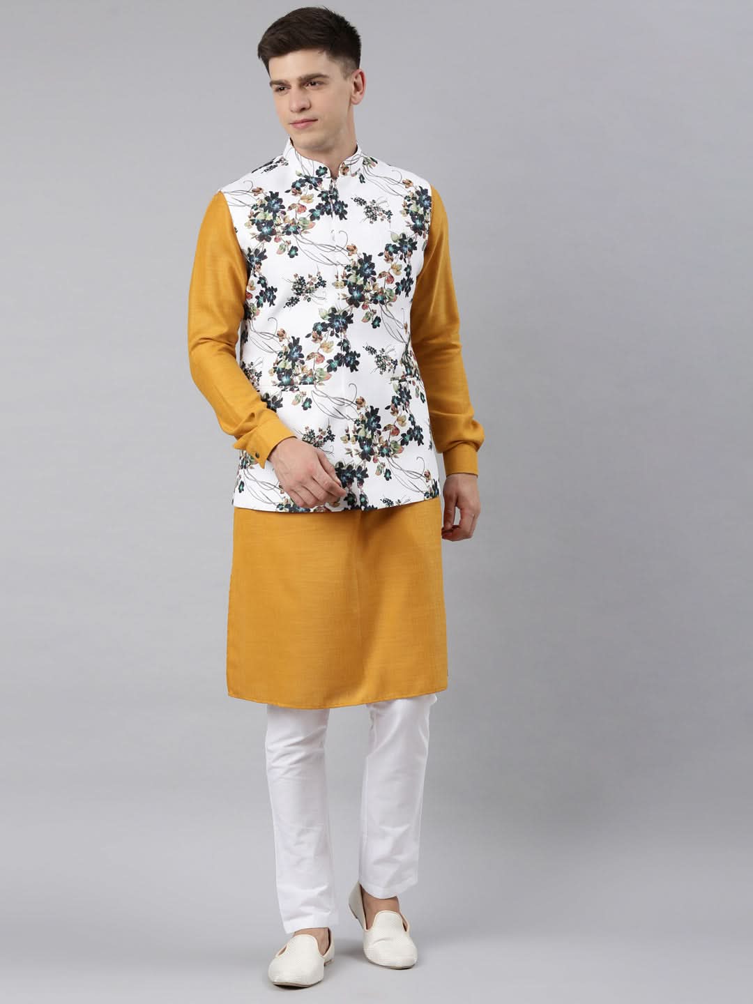 White Printed Jacket Kurta Set