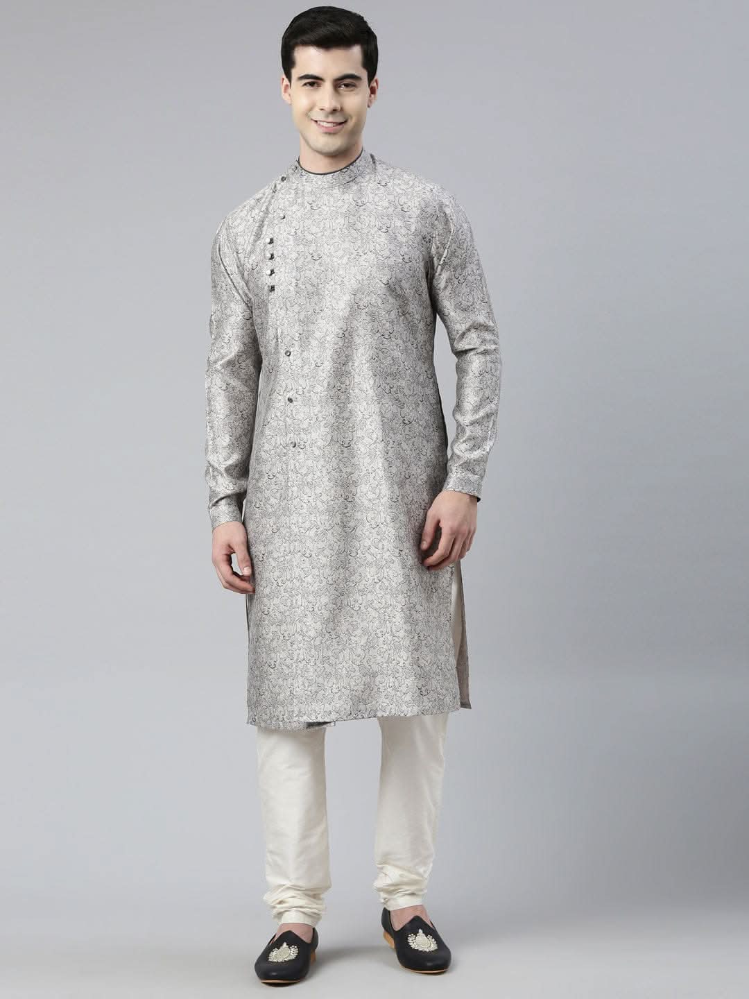 Grey Block Printed Angrakha Style Chanderi Silk kurta set