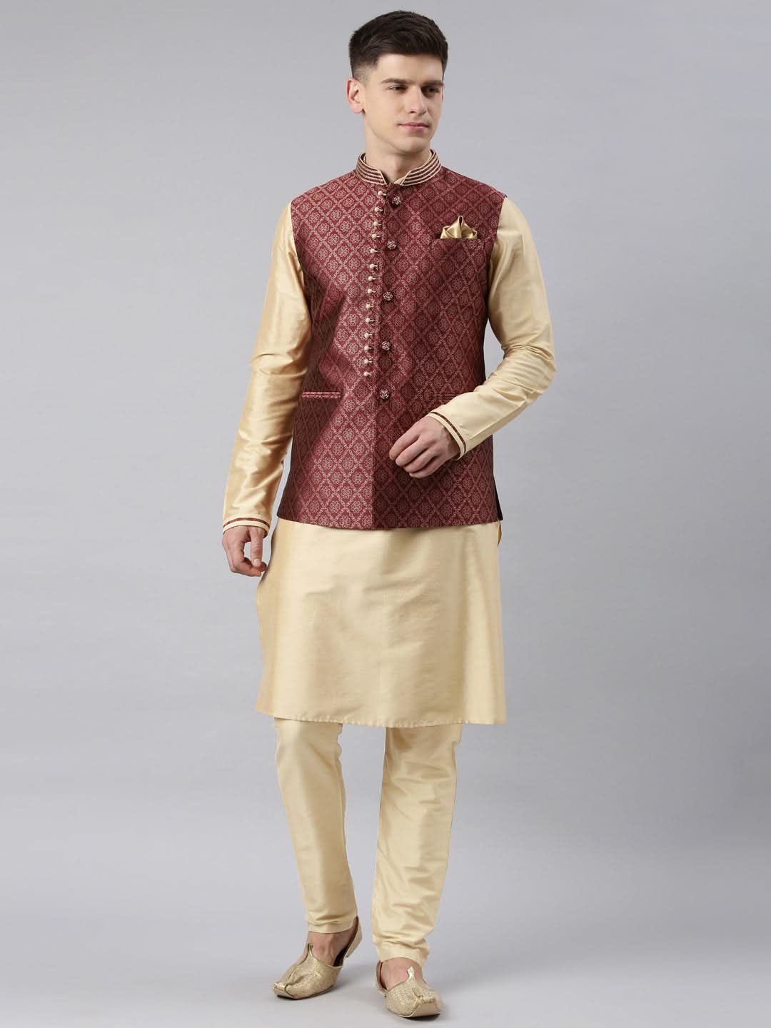 Maroon Banarasi Bundi With Gold Kurta Set