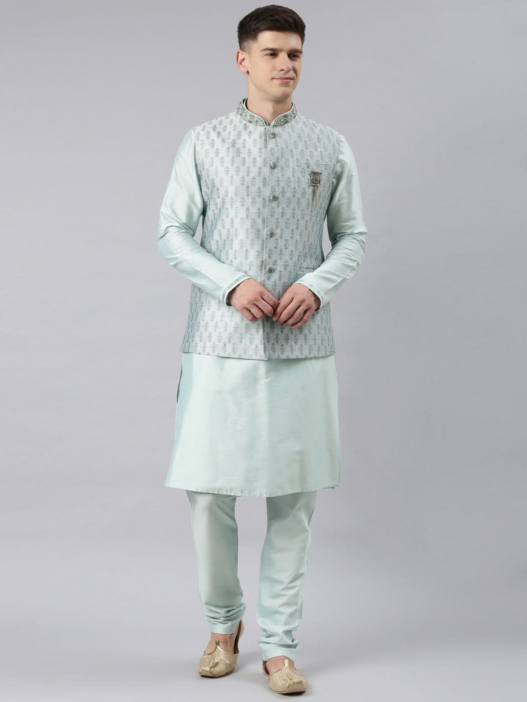 Light Blue Printed Jacquard Jacket W Light Blue Kurta