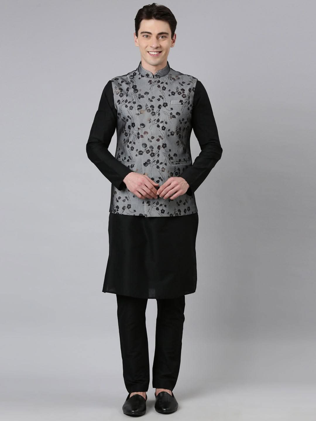 Black Net Printed Jacket With Black Kurta