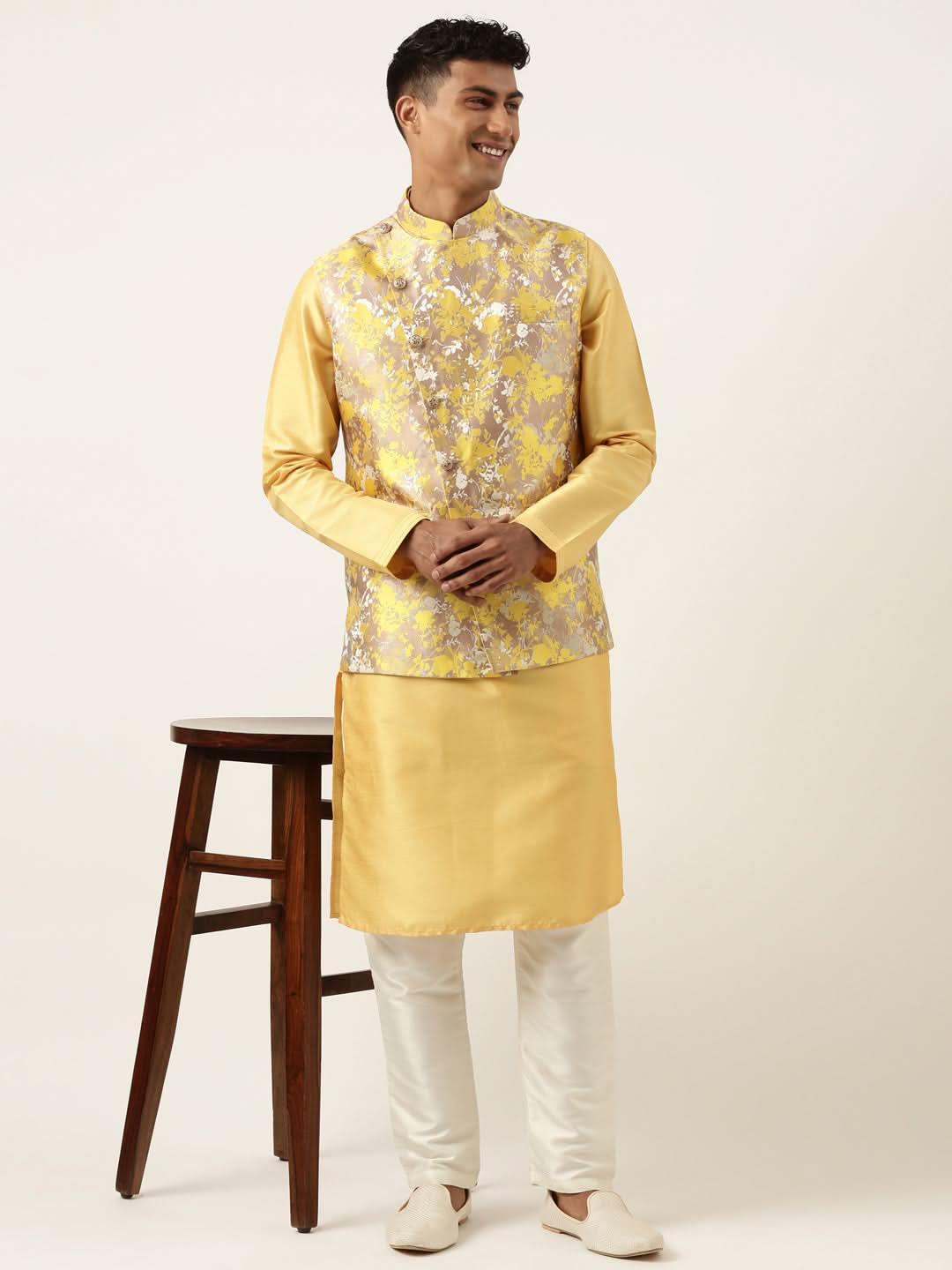 Yellow Floral Jacquard Angrakha Jacket