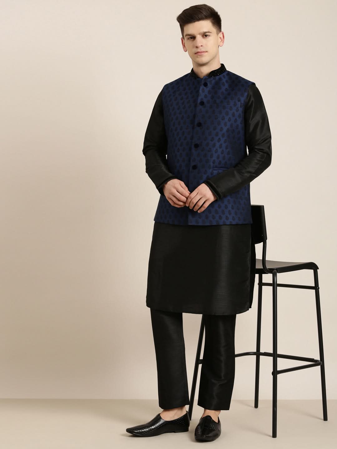 Navy Jacquard Black Booti Jacket