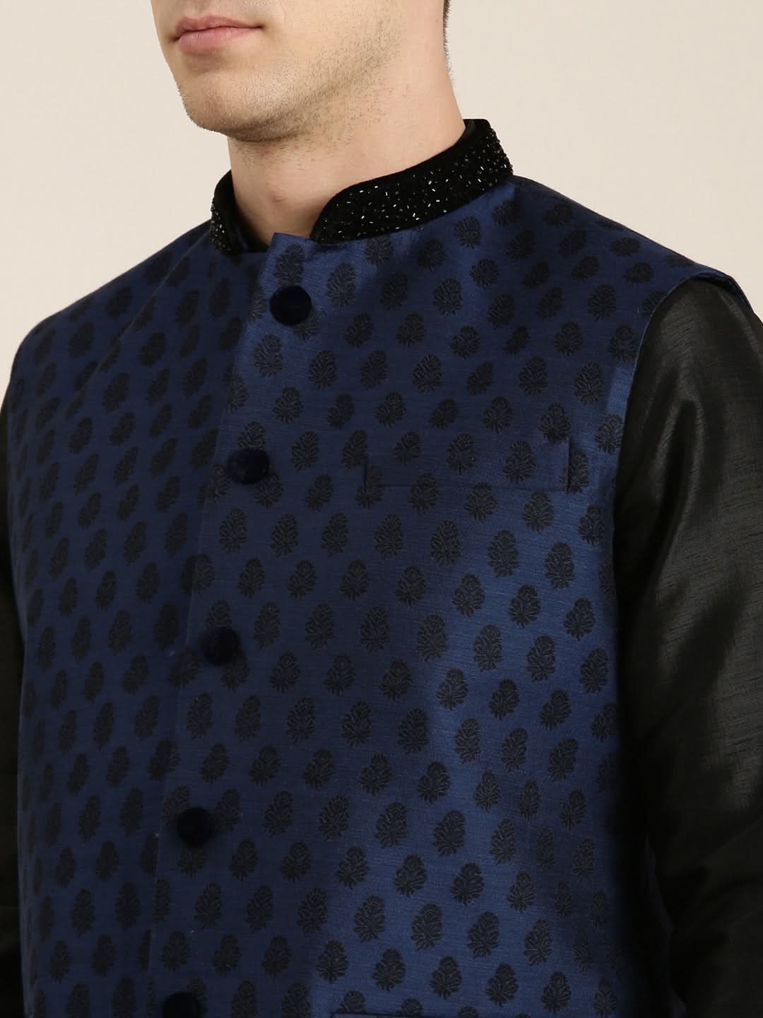 Navy Jacquard Black Booti Jacket