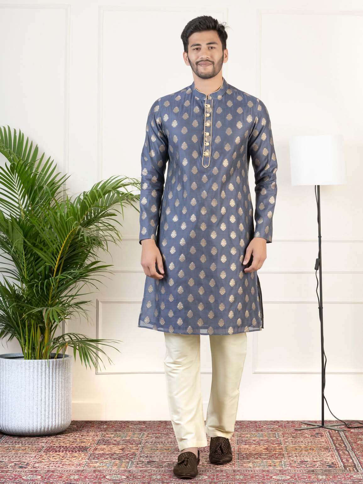 Navy Jacquard  Golden Booti Chanderi Silk Kurta Set
