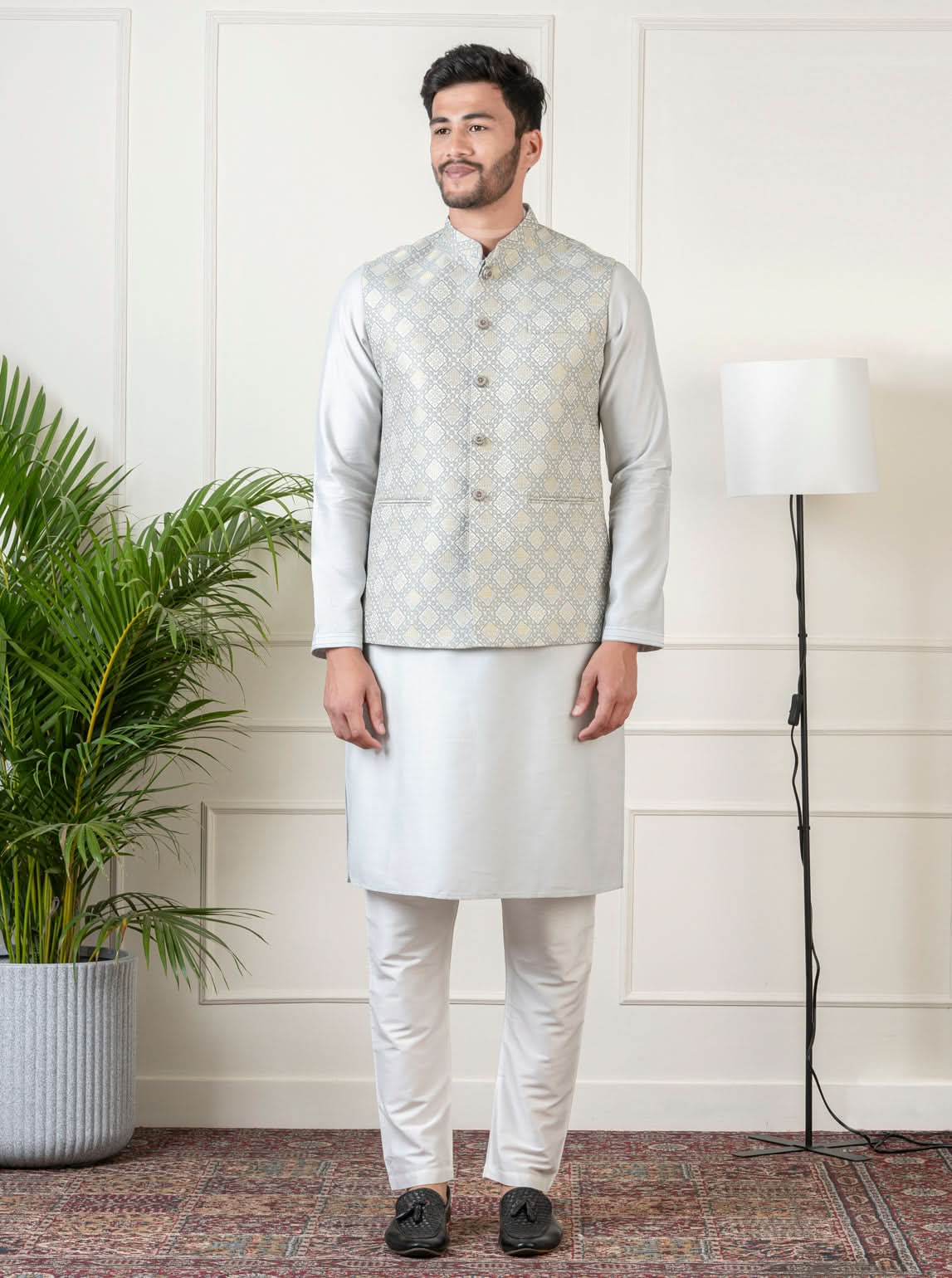 Ivory Grey Jacquard  Jacket Kurta Set