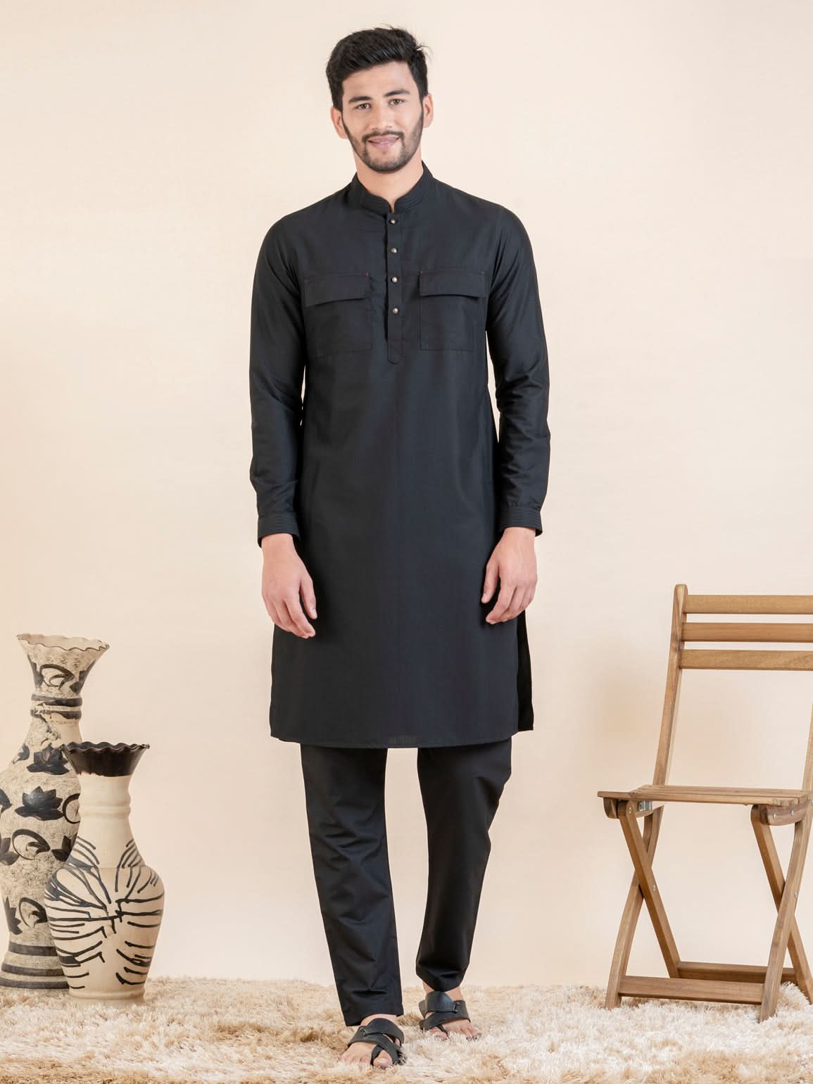 Black Cotton Pathani Kurta Set with Patch pocket