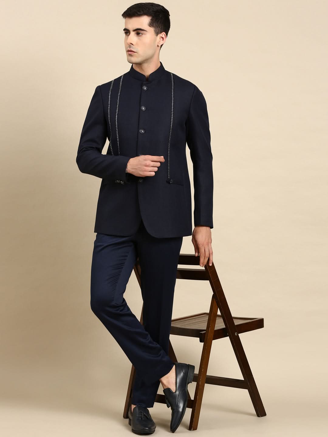 Navy Embroidered Bandhgala with velvet Detailing