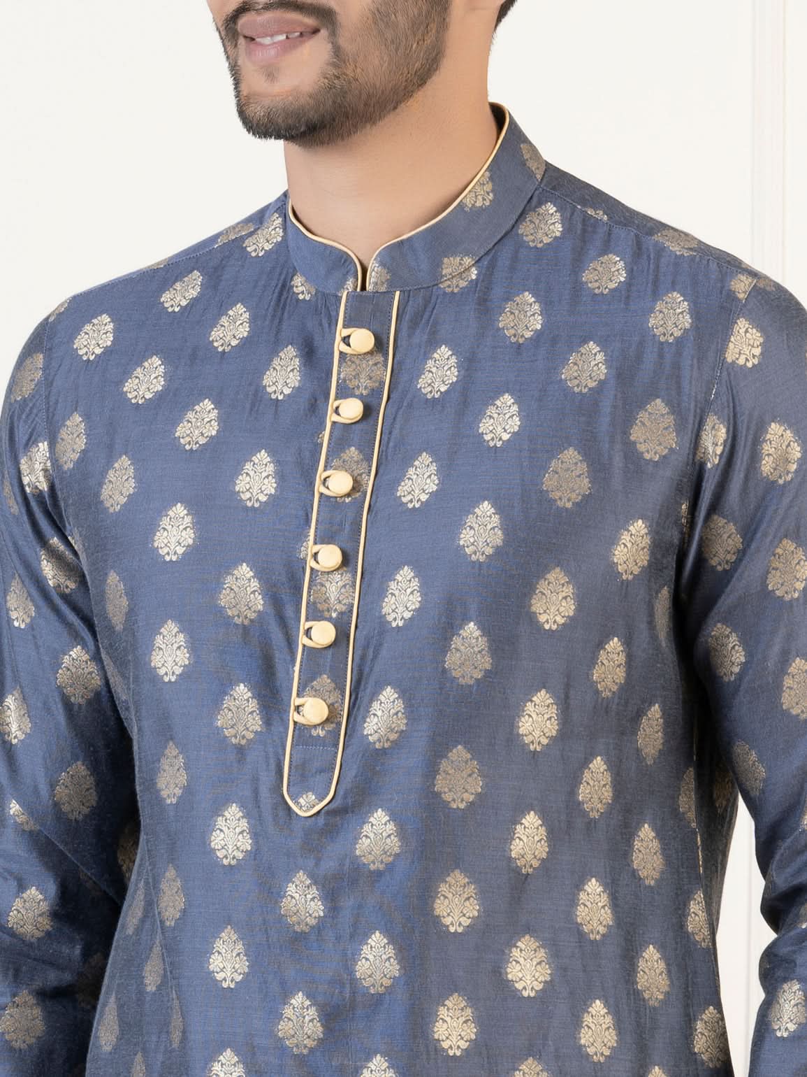 Navy Jacquard  Golden Booti Chanderi Silk Kurta Set