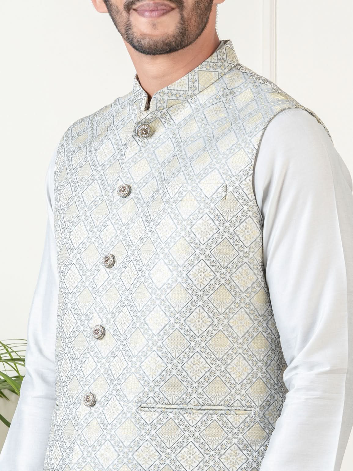 Ivory Grey Jacquard  Jacket Kurta Set