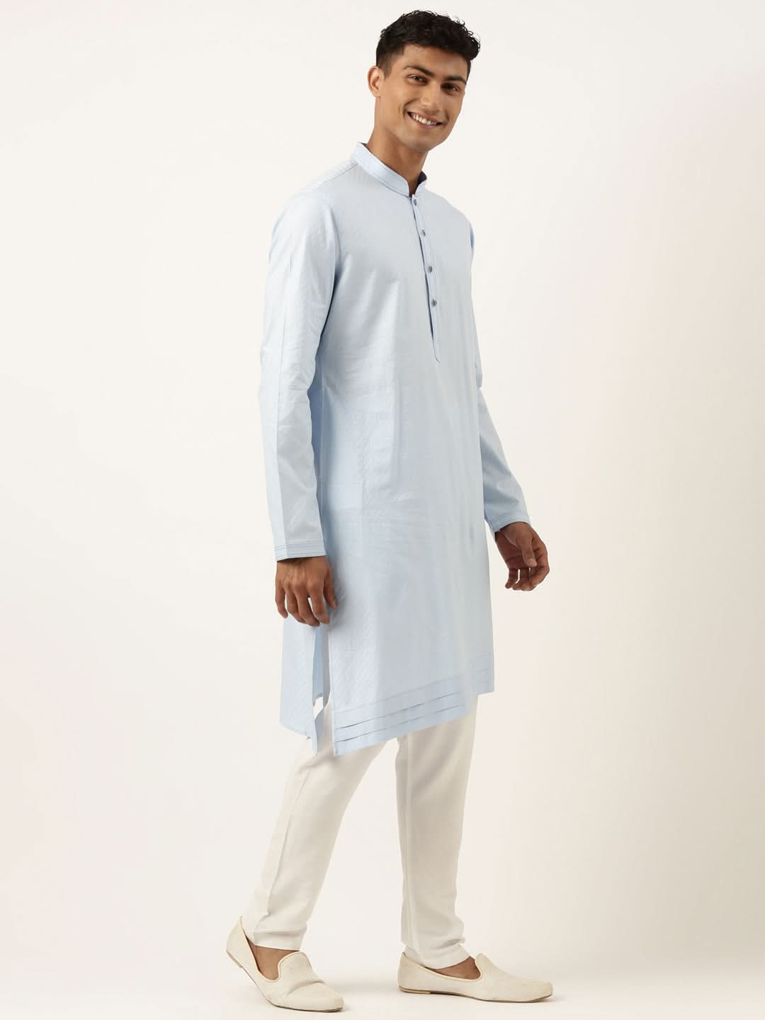 Powder Blue Jacquard Jacket W Blue Cotton Kurta