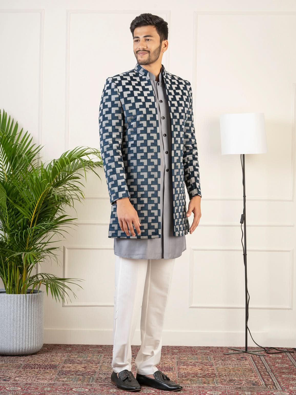 Grey Navy Velvet Indowestern