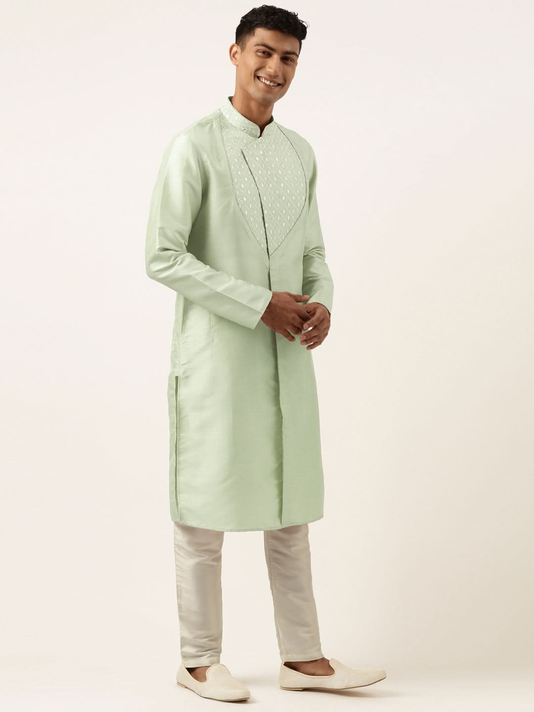 Pistachio Green Embroidery Angrakha Kurta Set