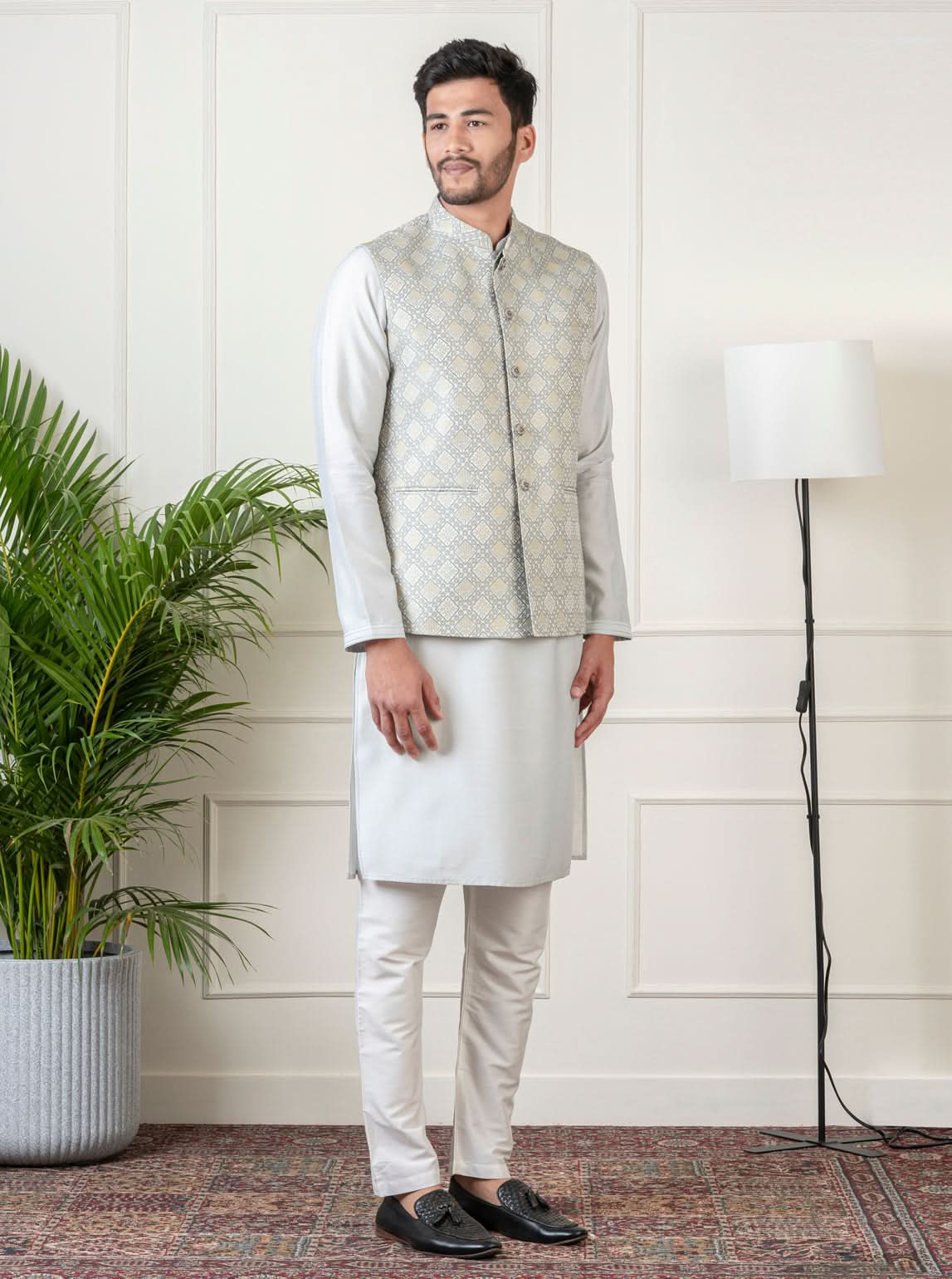 Ivory Grey Jacquard  Jacket Kurta Set
