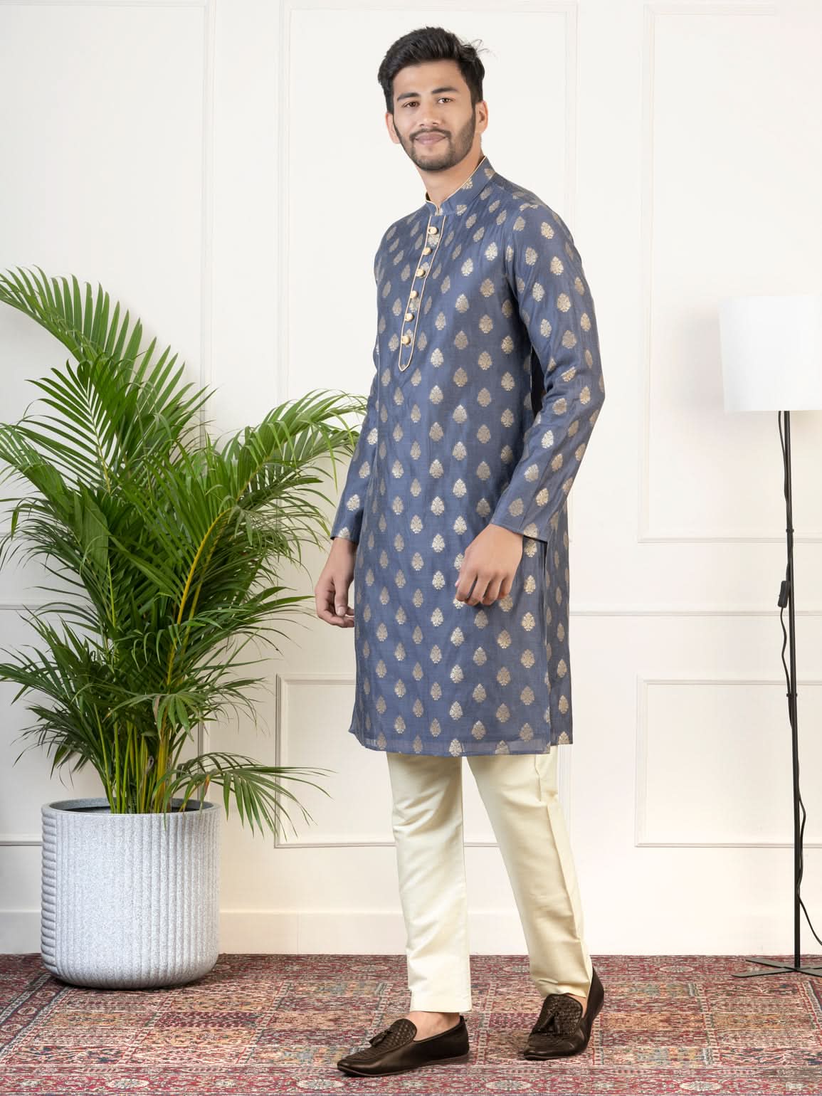 Navy Jacquard  Golden Booti Chanderi Silk Kurta Set