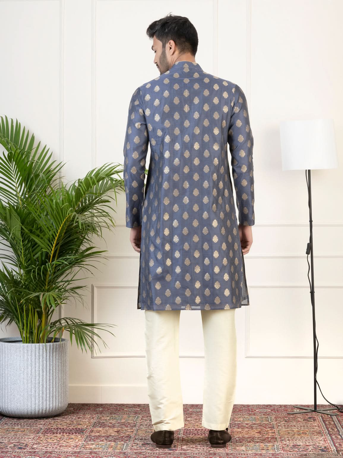 Navy Jacquard  Golden Booti Chanderi Silk Kurta Set