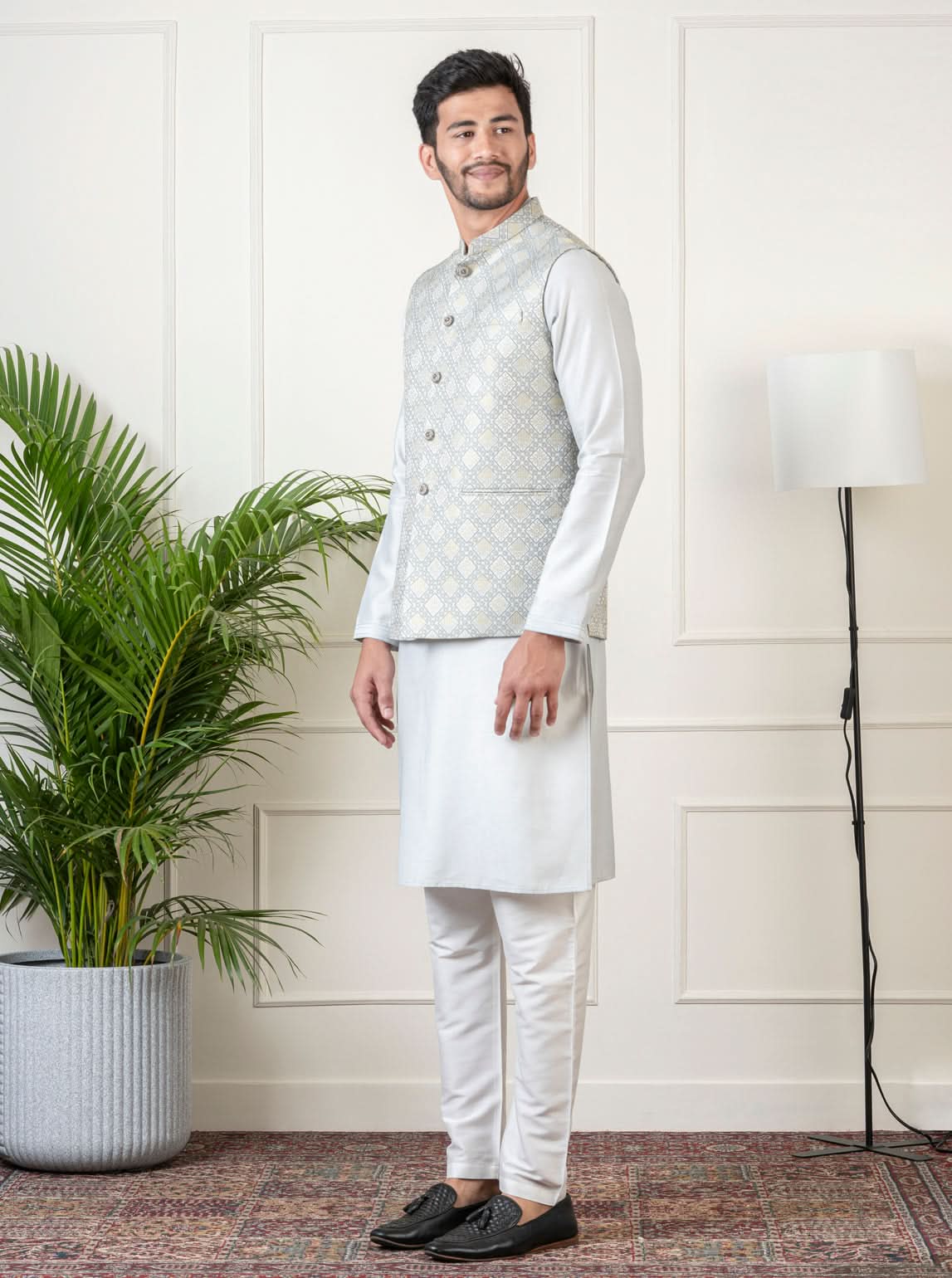Ivory Grey Jacquard  Jacket Kurta Set